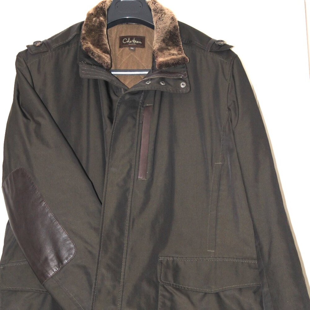 COLE HAAN Luxe Olive Jacket Leather Elbow Patches Removable Lambskin Collar XL